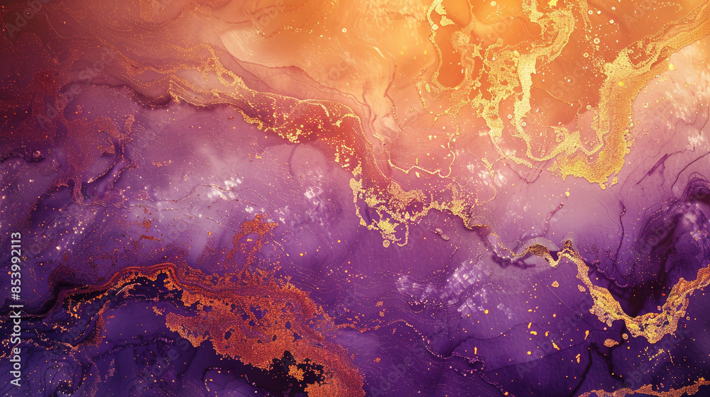 Obraz premium Develop an abstract watercolor with a tranquil atmosphere, using a purple-orange-ochre color scheme with gold accents.