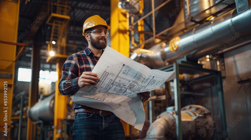 Engineer with Blueprint in Industrial Facility Engineer with Blueprint in Industrial Facility