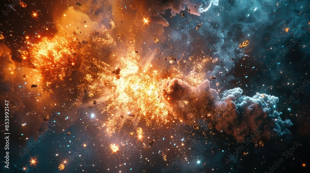 A vivid depiction of a stellar explosion within a deep space nebula, emitting vibrant colors and particles. AIG53M