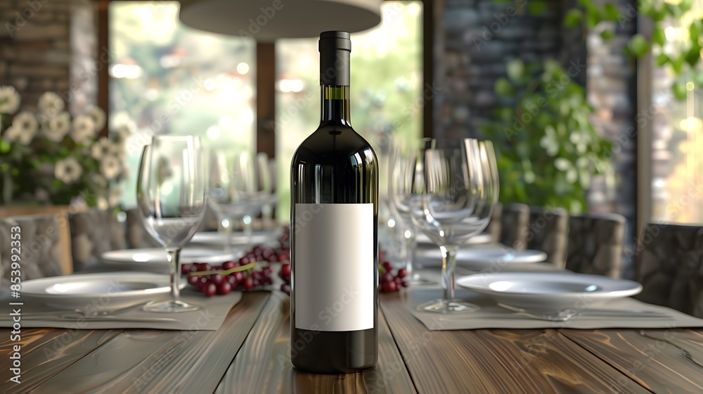 Blank Label Wine Bottle: A wine bottle with no label on a dining table. Blank Label Wine Bottle: A wine bottle with no label on a dining table.