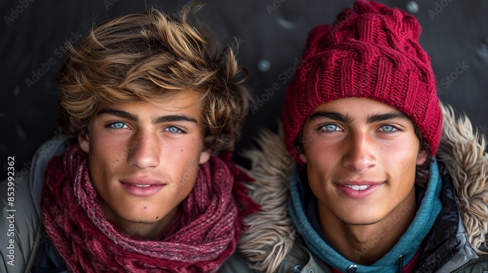 Two young guys together, hugging, on a neutral background, both smiling, intimacy and tenderness. Same-sex relationships and love Two young guys together, hugging, on a neutral background, both smiling, intimacy and tenderness. Same-sex relationships and love