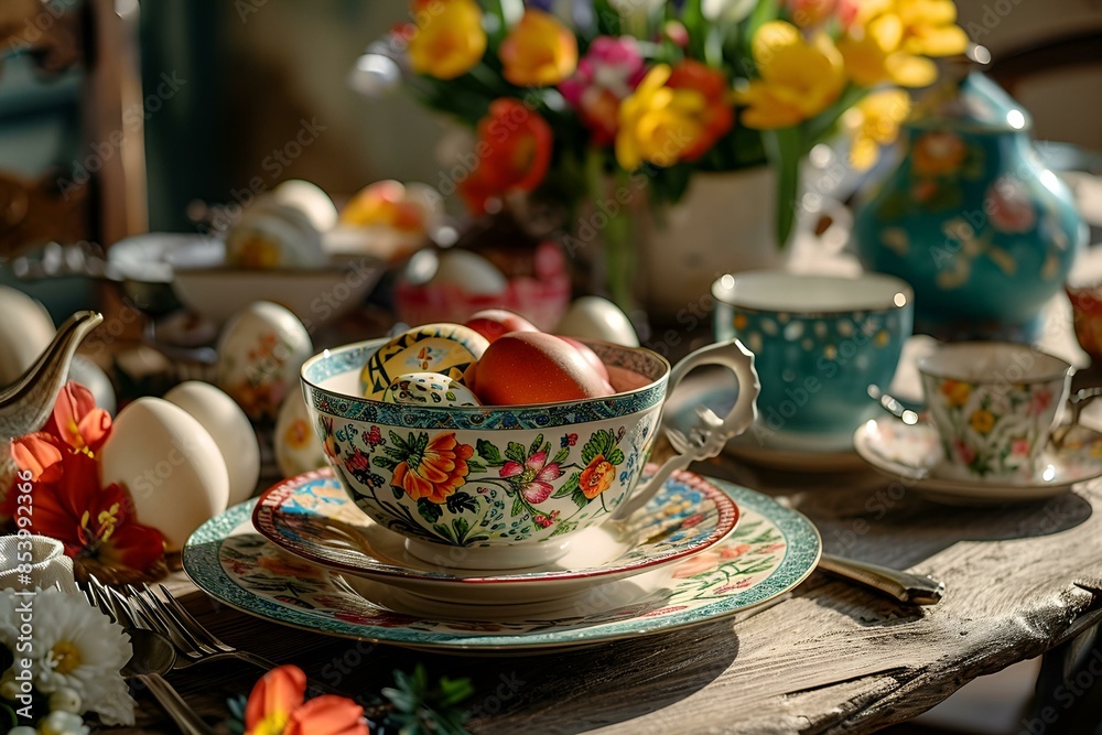 A table set with a tea cup, saucer, egg on a plate, and a vase of flowers. A table set with a tea cup, saucer, egg on a plate, and a vase of flowers.