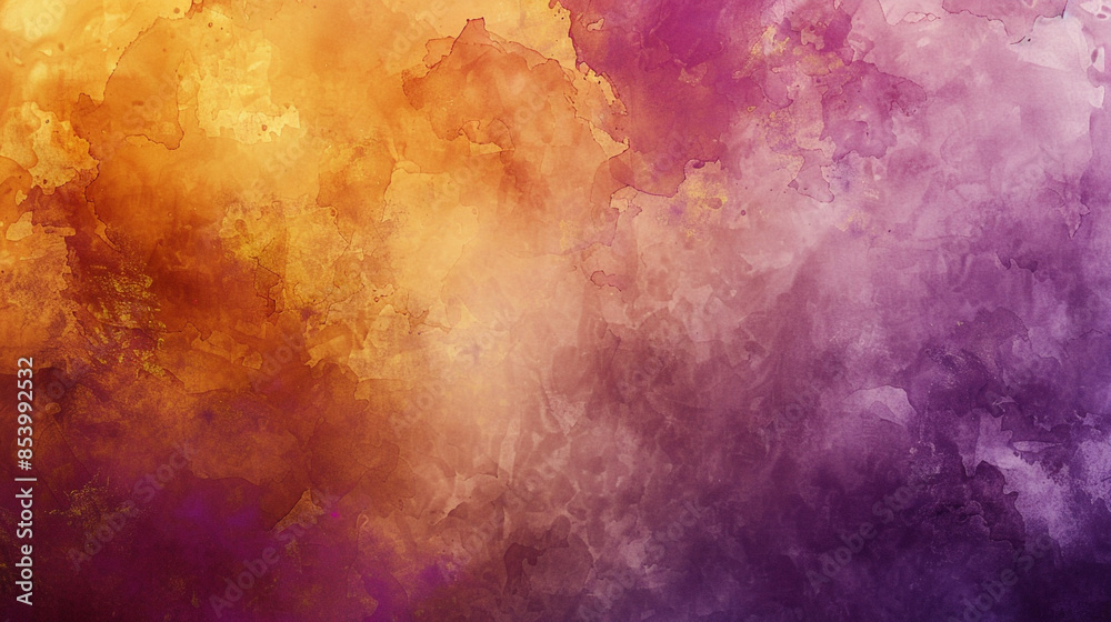 Obraz premium Paint a serene watercolor scene with fluid textures in purple, orange, ochre, and gold, creating a calm atmosphere.