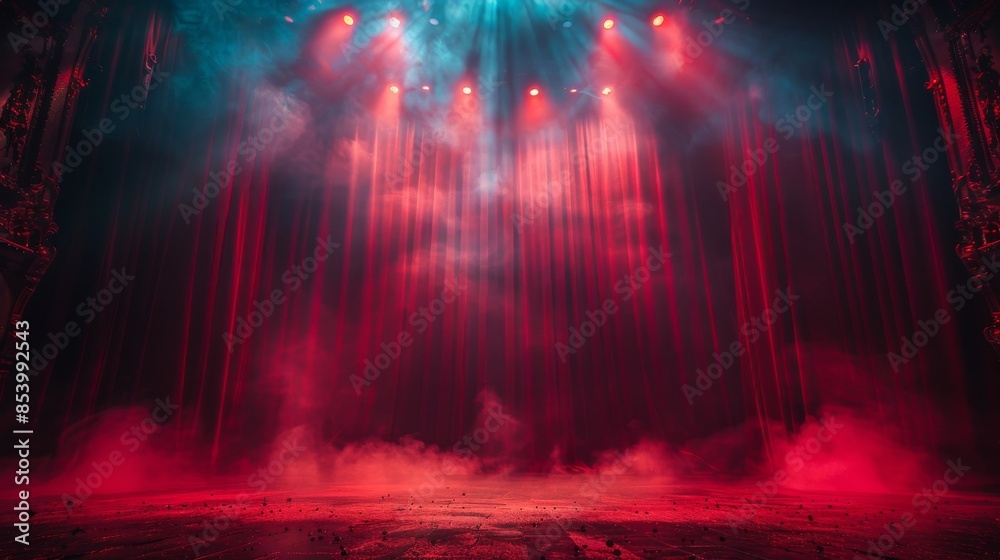 Fototapeta premium A theatrical scene with a red stage curtain bathed in dramatic spotlights and atmospheric smoke