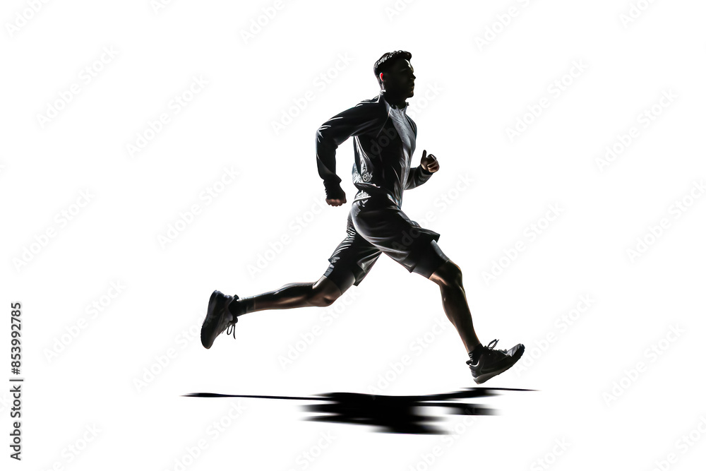 A man is running on a white background. He is wearing a black shirt and black shorts