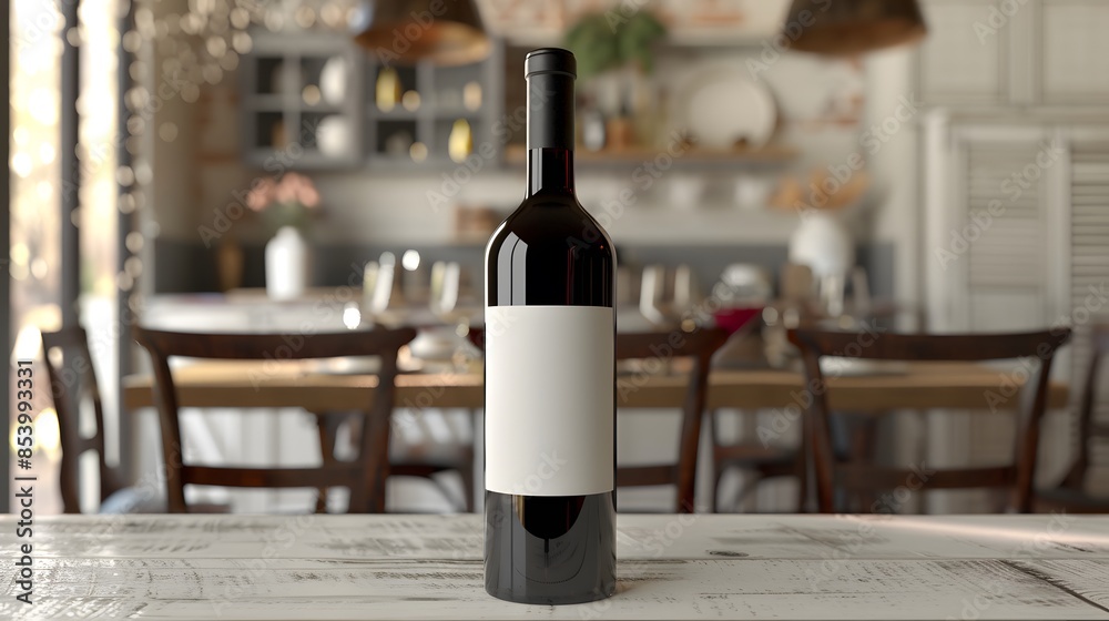 Blank Label Wine Bottle: A wine bottle with no label on a dining table. Blank Label Wine Bottle: A wine bottle with no label on a dining table.