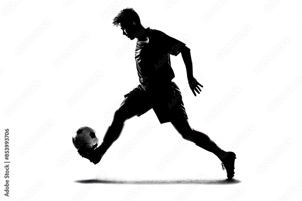 Naklejka premium A soccer player is running with a soccer ball in his hand. The image has a dynamic and energetic mood, as the player is in motion and he is focused on the ball