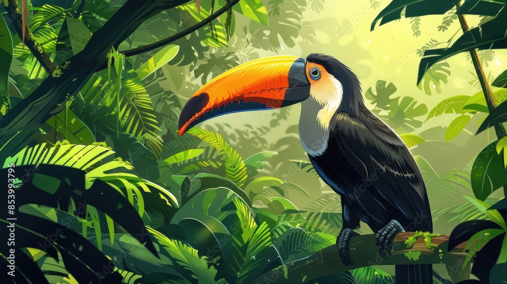 A vibrant Toco Toucan (Ramphastos toco) perched in the lush Amazon rainforest, surrounded by the rich greens of the forest A vibrant Toco Toucan (Ramphastos toco) perched in the lush Amazon rainforest, surrounded by the rich greens of the forest