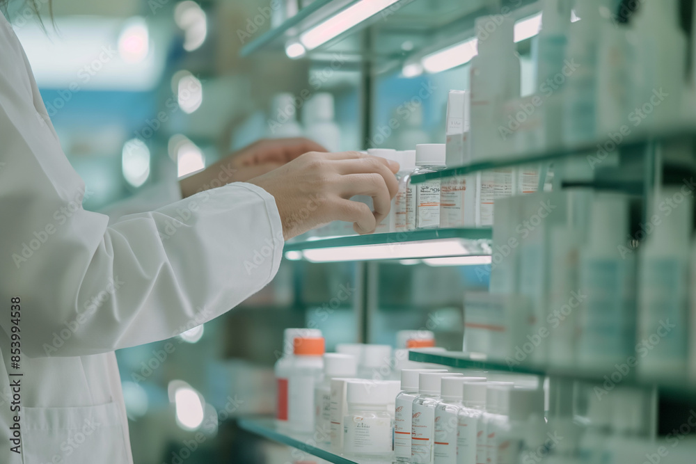 Close up view of Pharmacist taking medicine from c shelves