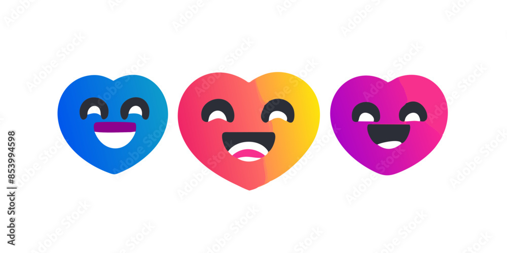 Fototapeta premium Heart-shaped emoji faces in three different colors – blue, orange and pink – appear on a transparent background. Each emoji has a simplified, happy expression.AI generated.