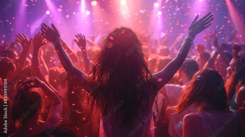 Energetic concert scene with hands raised in celebration, implying joy and exhilaration Energetic concert scene with hands raised in celebration, implying joy and exhilaration