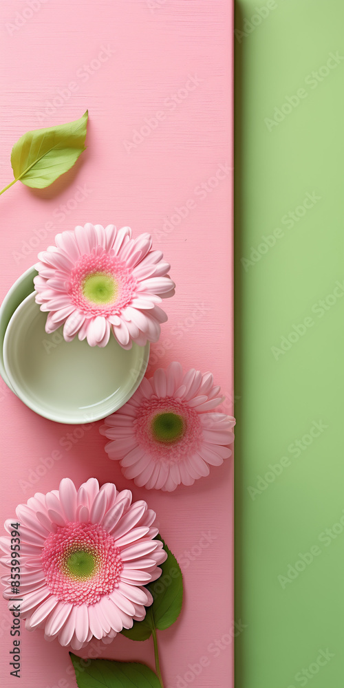 Obraz premium Pink gerber flower and cup of tea on green background.