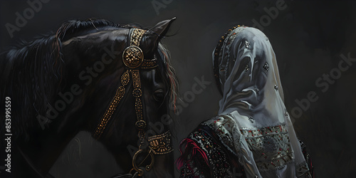 A Somber Depiction of a Hooded Figure and a Black Horse Reflecting the Mourning and Solemnity of Ashura and Muharram Ul Haram