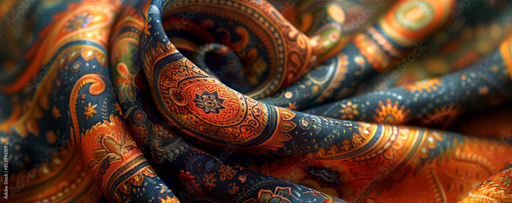 A intricate paisley pattern adorning a scarf, its swirling lines and vibrant colors mesmerizing the eye.