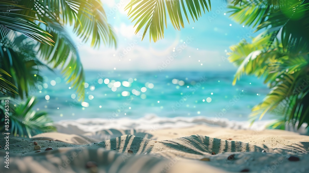 Fototapeta premium Tropical summer background with palm leaves and sand on the beach, blue sea water and bokeh sun light. Summer vacation concept banner for product display or design. Commercial photo with soft pastel