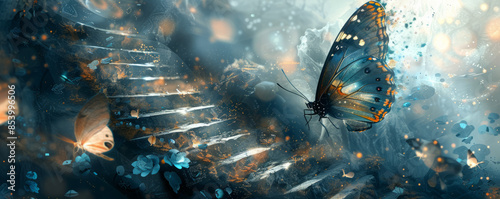 Abstract futuristic artistic illustration with a butterfly and ancient stairs. photo