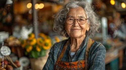 A senior woman smiling warmly, surrounded by flowers and fruits in a cozy indoor market © svastix