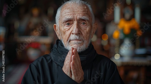 An elderly man with a contemplative expression and joined hands appears solemn and wise
