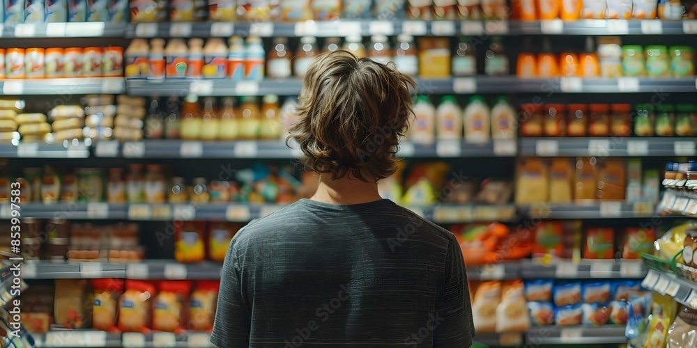 Young man shopping for groceries in a supermarket rear view. Concept Supermarket shopping, Grocery shopping, Young man, Rear view, Food shopping