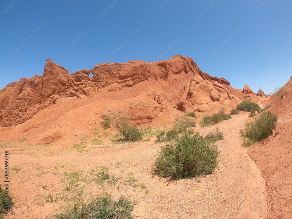 Fototapeta premium Fairytale canyon or Skazka Canyon, Natural park of colorful rocks near Issyk-Kul lake, Kyrgyzstan.