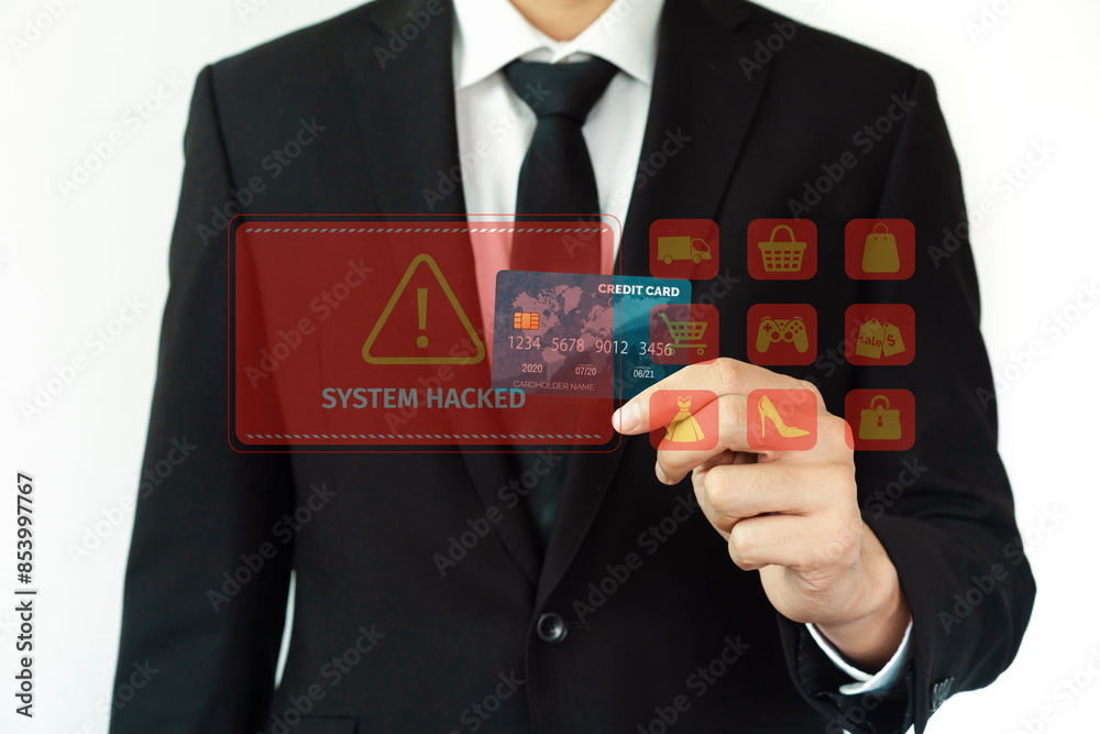 Customer watching hologram interface warn danger of credit card hacked ...
