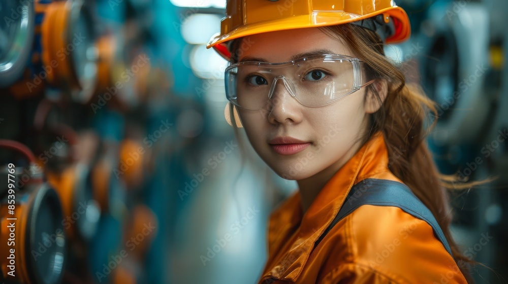 A young Asian female engineer in orange reflective safety gear, posing in a factory setting A young Asian female engineer in orange reflective safety gear, posing in a factory setting