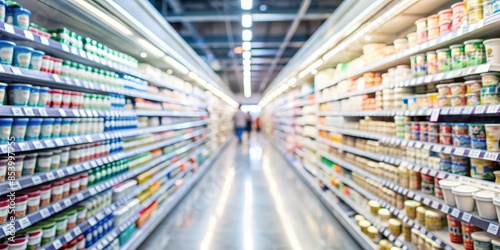 Blurred Front View of a Grocery Store Aisle With Yogurt and Cream Cheese. Generative AI © Irina