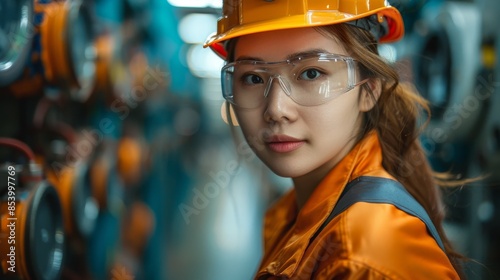 A young Asian female engineer in orange reflective safety gear, posing in a factory setting photo