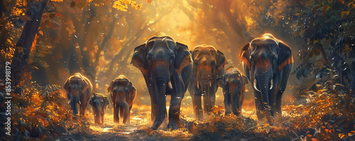 A family of elephants walking in a single file, their trunks swaying in rhythm. photo