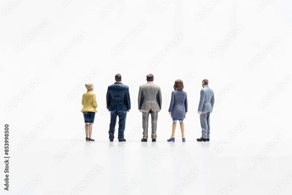 Miniature business people standing together on white background. Miniature business people standing together on white background.
