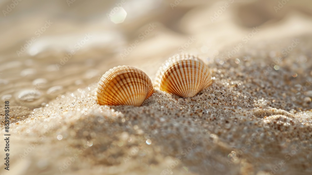 Two seashells on sandy beach, close-up, in soft sunlight Two seashells on sandy beach, close-up, in soft sunlight