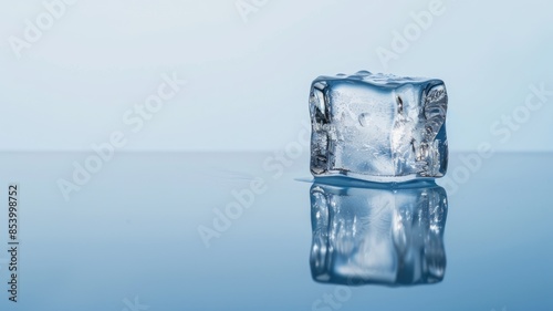 Single melting ice cube on reflective surface