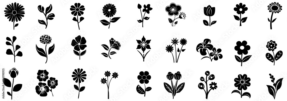 Fototapeta premium Flowers, plants set silhouette isolated. Constructor of trendy geometric postmodern primitive figures. Flower silhouette set for Poster, banner, Card, Invitation, Sticker, Greeting Cards template.