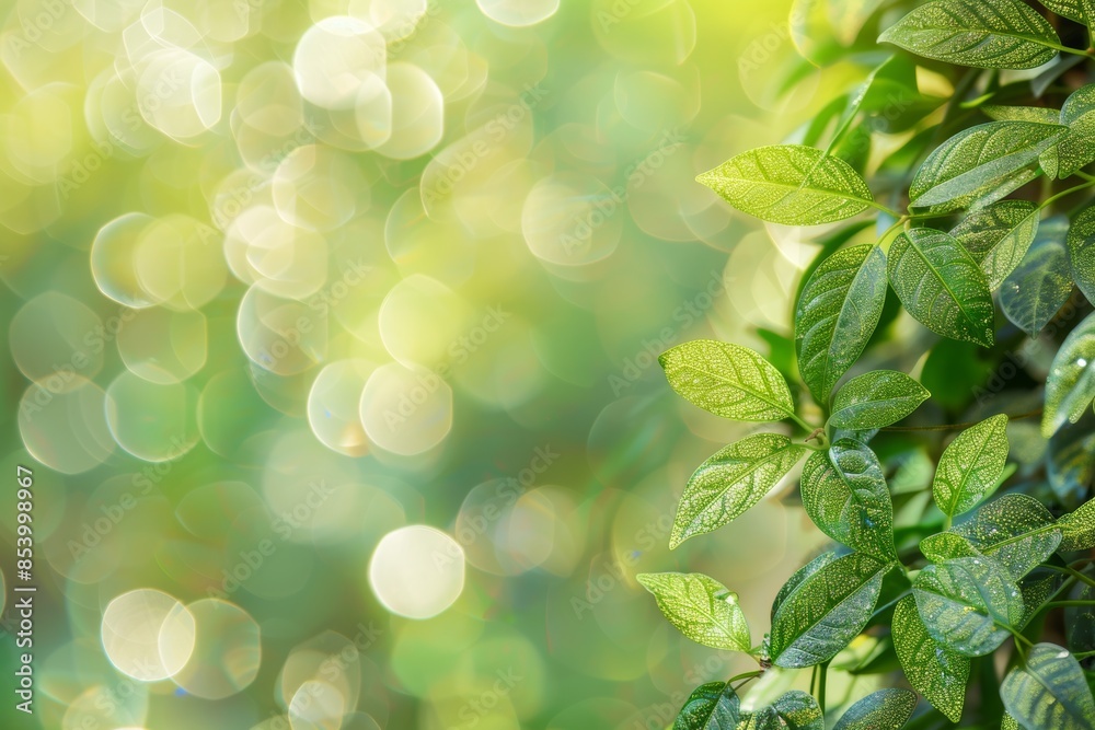 Green leaves with morning dew and soft bokeh background