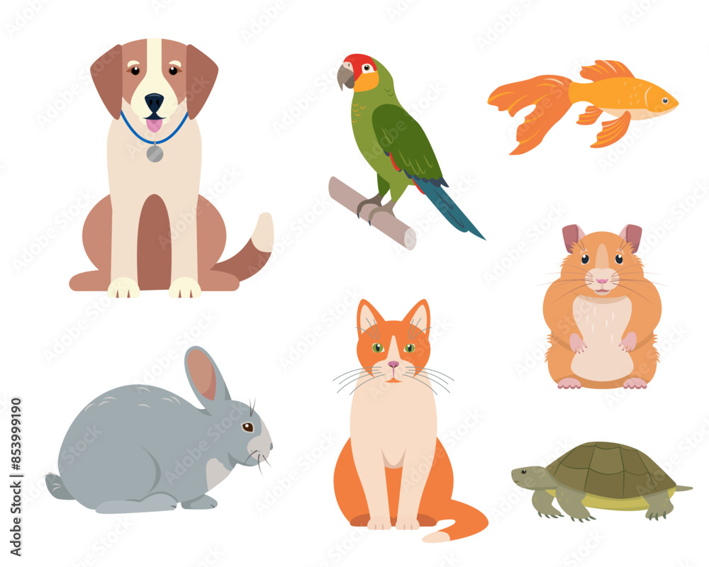 Set of happy pets. Dog, cat, rabbit, hamster and turtle, goldfish and parrot icons. Home domestic animals. Vector icons illustration isolated on white background. Set of happy pets. Dog, cat, rabbit, hamster and turtle, goldfish and parrot icons. Home domestic animals. Vector icons illustration isolated on white background.