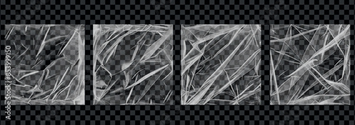 Plastic wrap texture overlay effect. Polyethylene packaging for vinyl or cd cover. Plastic sleeve or wrap with fingerprints texture overlay. Realistic set of square plastic package mockup