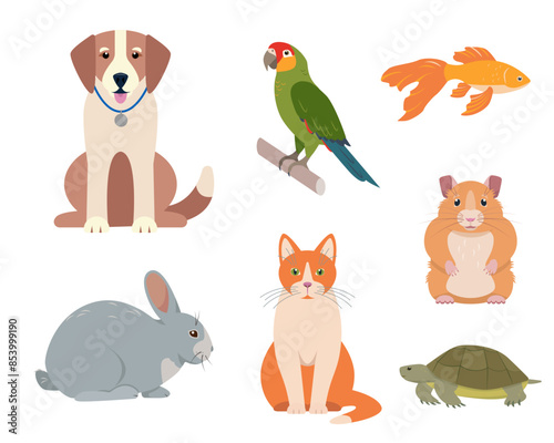 Set of happy pets. Dog, cat, rabbit, hamster and turtle, goldfish and parrot icons. Home domestic animals. Vector icons illustration isolated on white background.