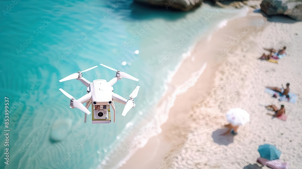 Naklejka premium Drones swiftly delivering summer novels to beachgoers, top view, merging tech with relaxation, scifi tone, Monochromatic Color Scheme