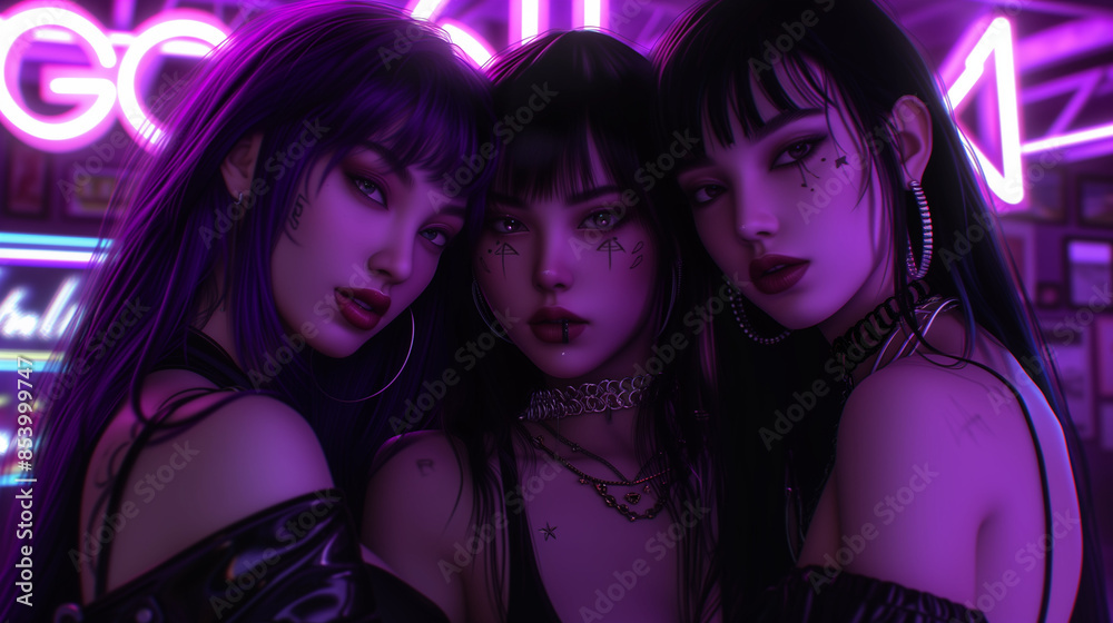 Three goth women standing side by side in front of a neon sign. Three goth women standing side by side in front of a neon sign.