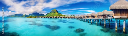 tropical paradise in bora bora, french polynesian islands with crystal blue waters, white clouds, and lush green trees under a clear blue sky