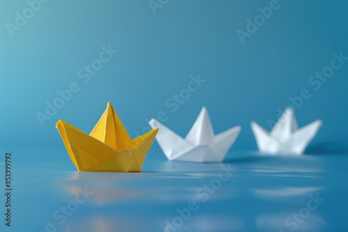 Yellow paper ship leads white ships on blue background.