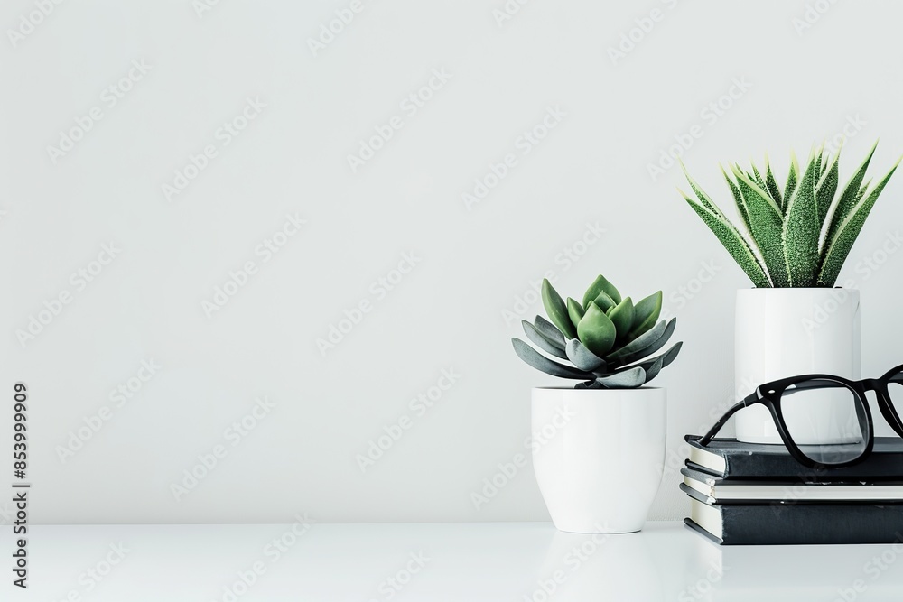 Front view white desk with black stationery, succulent plant, notebook, eyeglasses. Morning background banner, space for text. Minimalistic concept, workspace, time to work. Blank workplace. Mock-up.