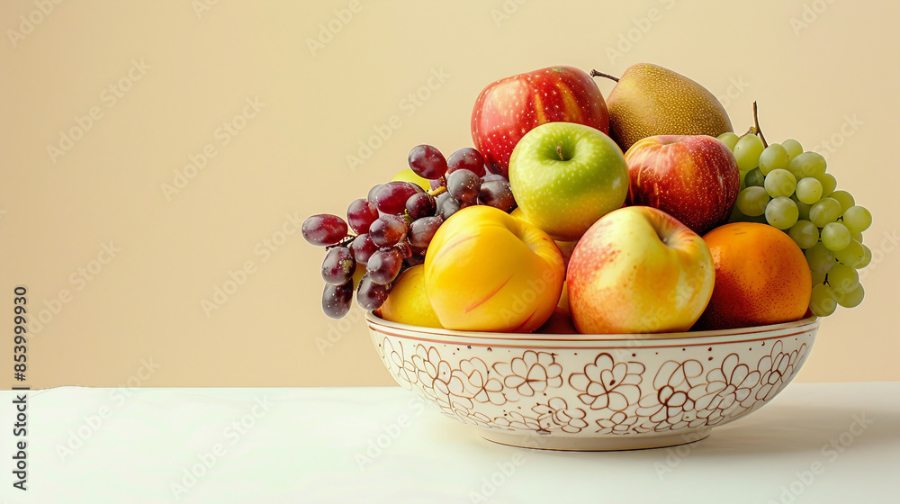 Colorful Seasonal Autumn Fruit Bowl Featuring Fresh Apples, Mangoes, and Grapes - Stock Photo Colorful Seasonal Autumn Fruit Bowl Featuring Fresh Apples, Mangoes, and Grapes - Stock Photo