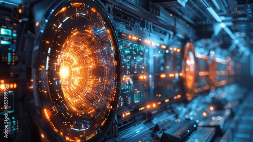 A futuristic laboratory with a holographic display showing top quarks in a particle collider, glowing with vibrant energy photo