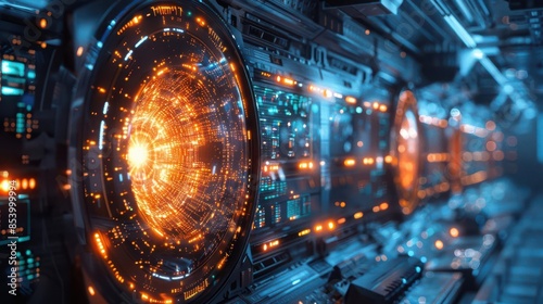 A futuristic laboratory with a holographic display showing top quarks in a particle collider, glowing with vibrant energy