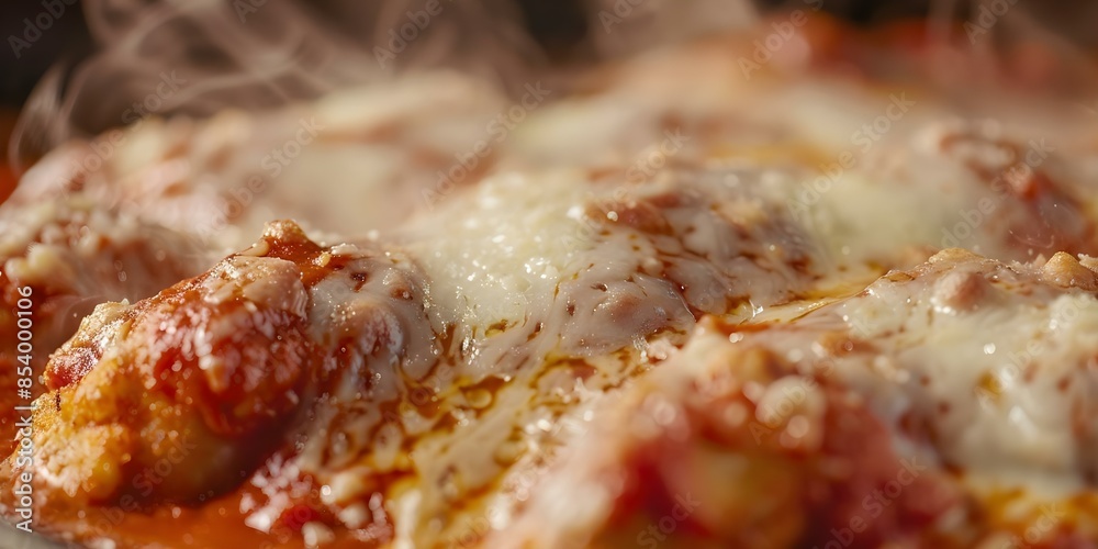 Detailed closeup of bubbling cheese atop chicken parmigiana in marinara sauce. Concept Food Photography, Close-up Shots, Chicken Parmigiana, Cheese Melting, Marinara Sauce