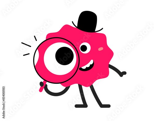 Vector cartoon illustration of cute abstract shape happy character with magnifying glass in hand on white color background. Flat style child design of smile geometric monster. Kid character researcher