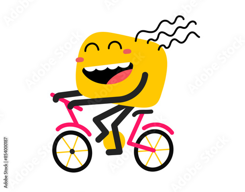 Vector cartoon illustration of cute abstract shape happy character ride on bike on white color background. Flat style child doodle design of smile geometric monster. Kid character with bicycle