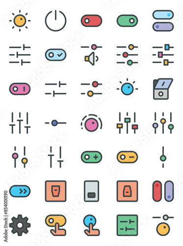 Filled color outline icons set for Controls, settings, system.