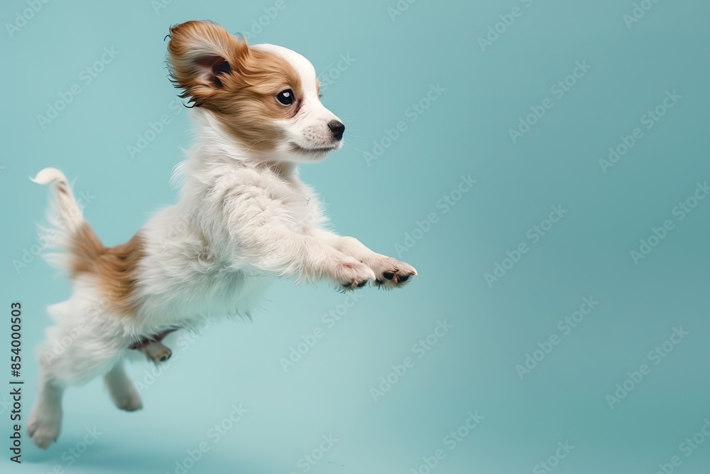 Active agile puppy jumping high in the air on a blue color studio background. Young dog playing, flying. Cute ack Russell Terrier pup looking happy isolated on colorful backdrop. Creative flyer for ad Active agile puppy jumping high in the air on a blue color studio background. Young dog playing, flying. Cute ack Russell Terrier pup looking happy isolated on colorful backdrop. Creative flyer for ad